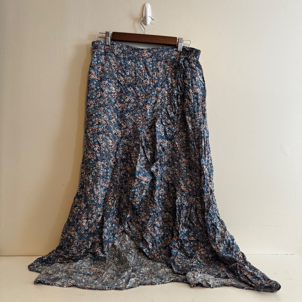 Sonoma Women's L Blue Floral Faux Wrap Ruffle Maxi Skirt Fall Layers Cottgecore